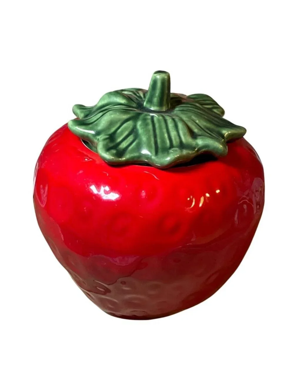 Strawberry Shaped Ceramic Cookie Jar Treat JarWith Lid Red and Green
